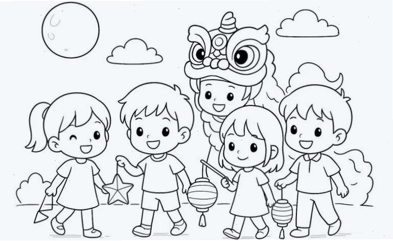 bé tập tô màu tranh tô màu lễ hội trung thu rực rỡ