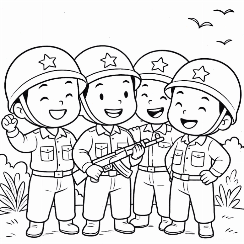 Bé tập tô tranh chú bộ đội dễ thương