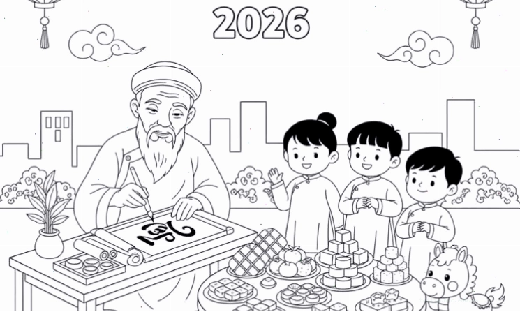 bé nhận lì xì bé tô màu tranh tô màu chủ đề tết và mùa xuân 2024