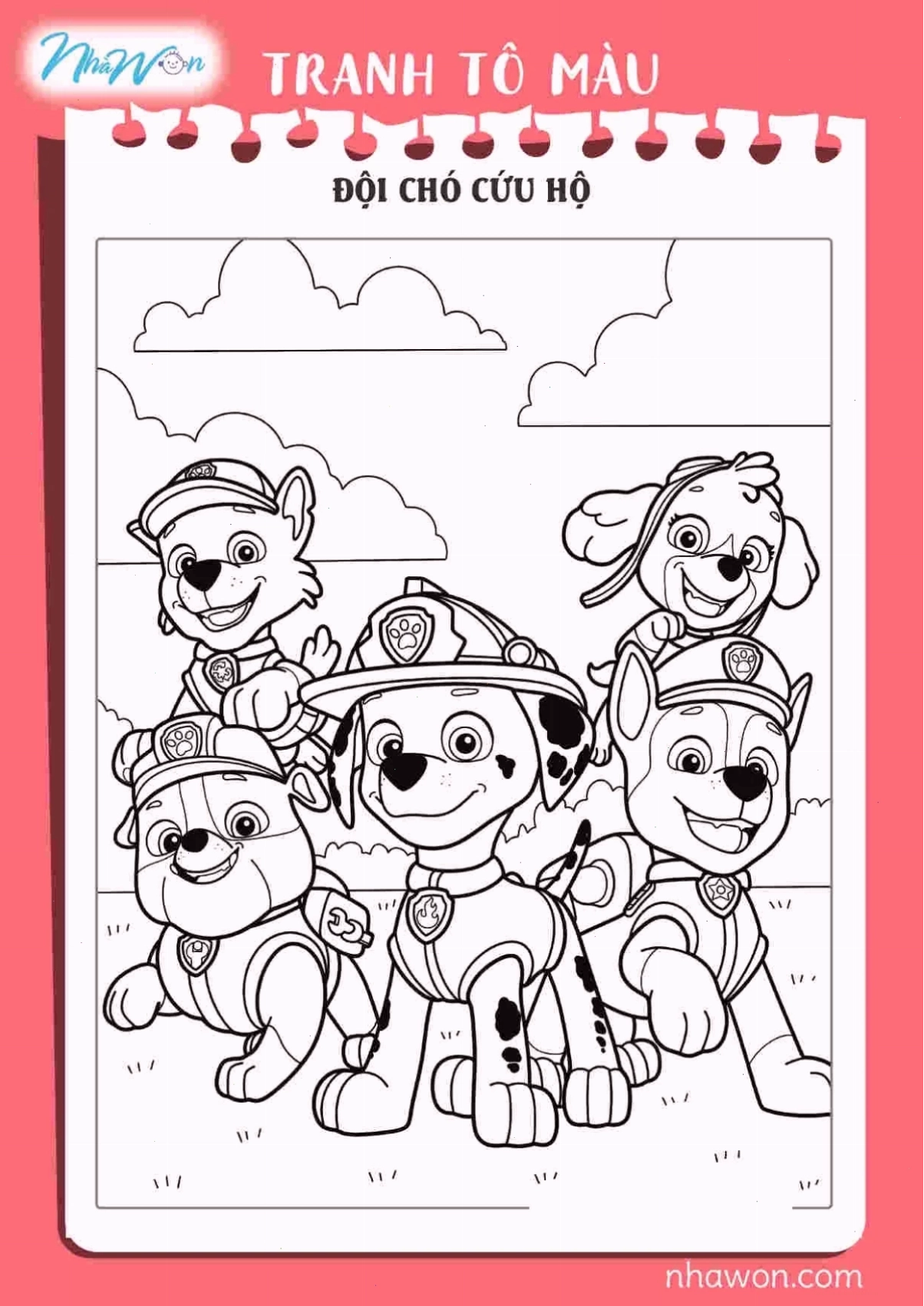 Hình ảnh cả đội Paw Patrol đứng bên nhau trong hình vẽ đội chó cứu hộ