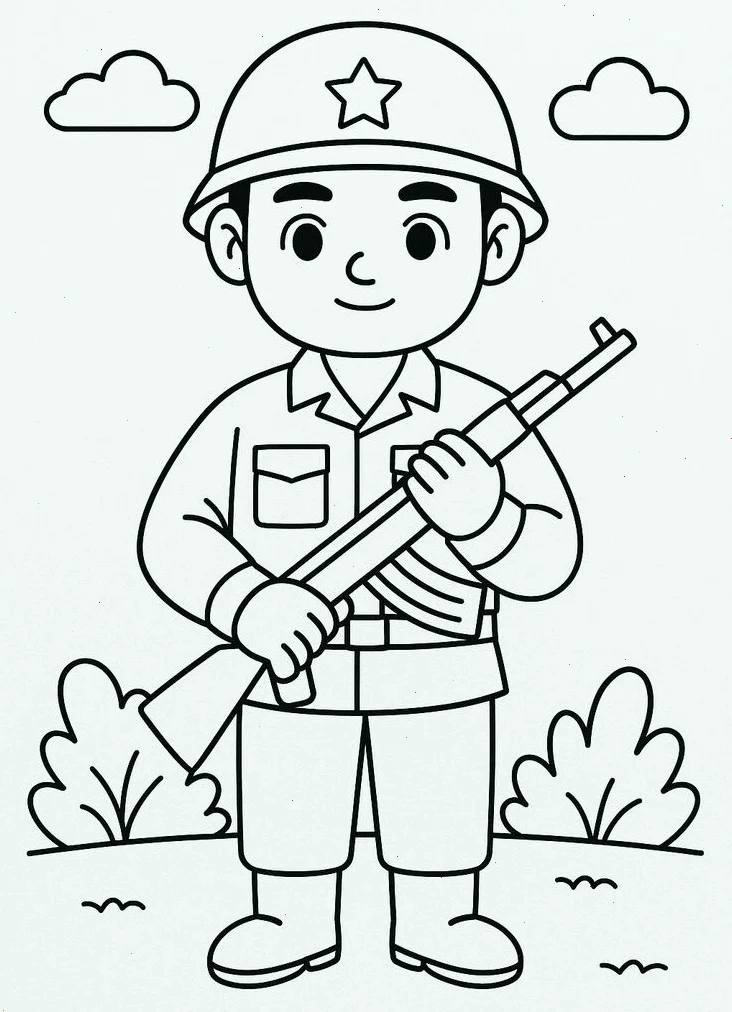 Chú bộ đội và thiếu nhi hình ảnh chú bộ đội để tô màu cùng thiếu nhi