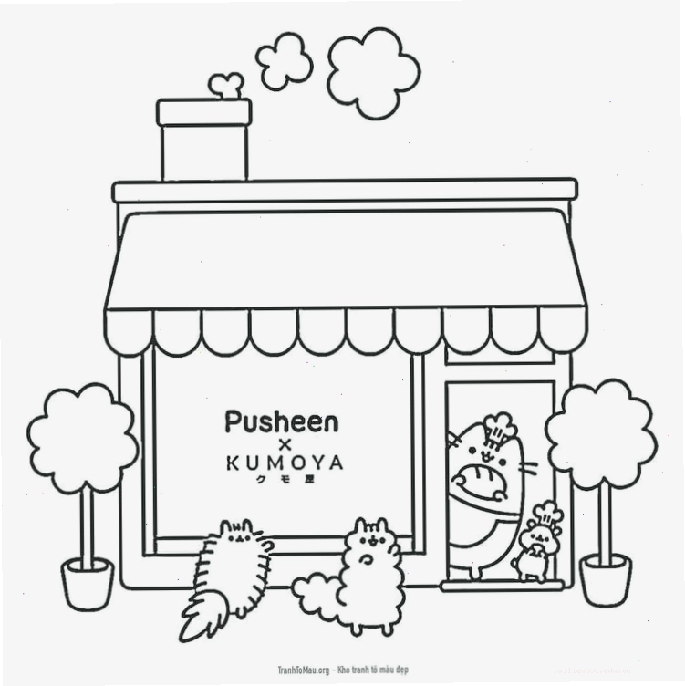 hình tô màu mèo pusheen bên chiếc bánh