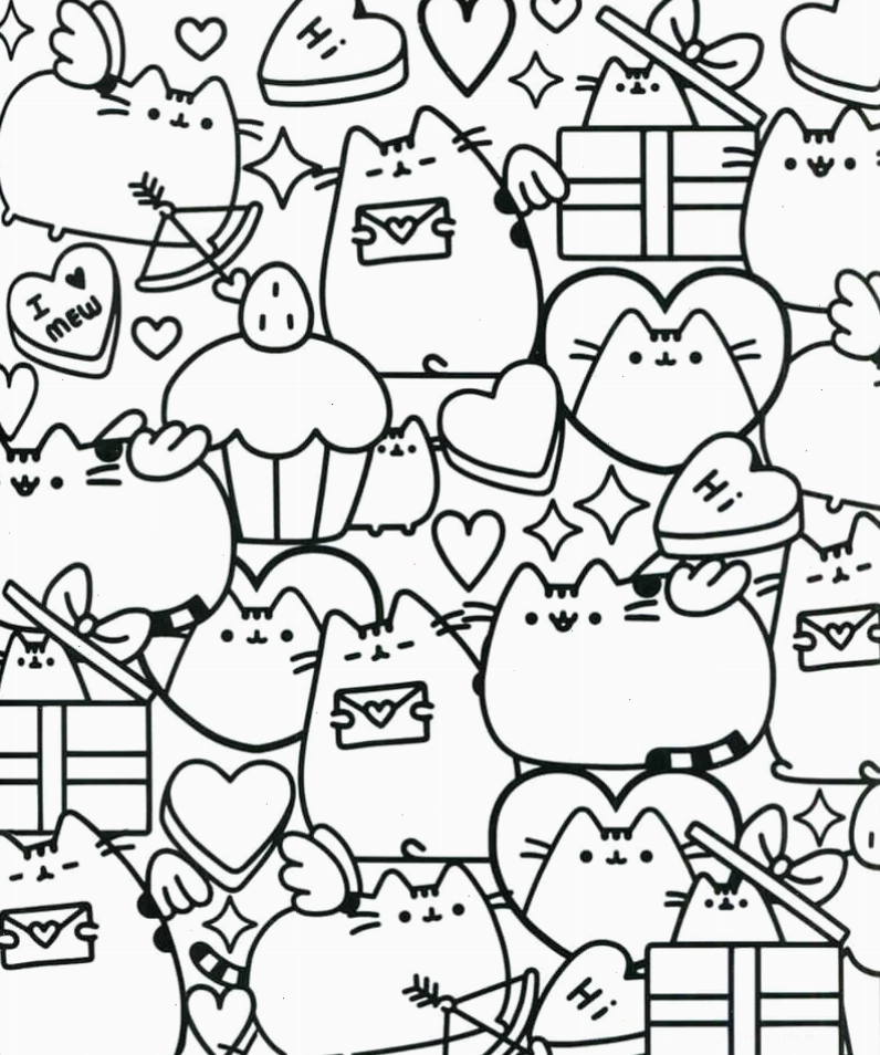 hình tô màu mèo pusheen chơi cùng thú bông