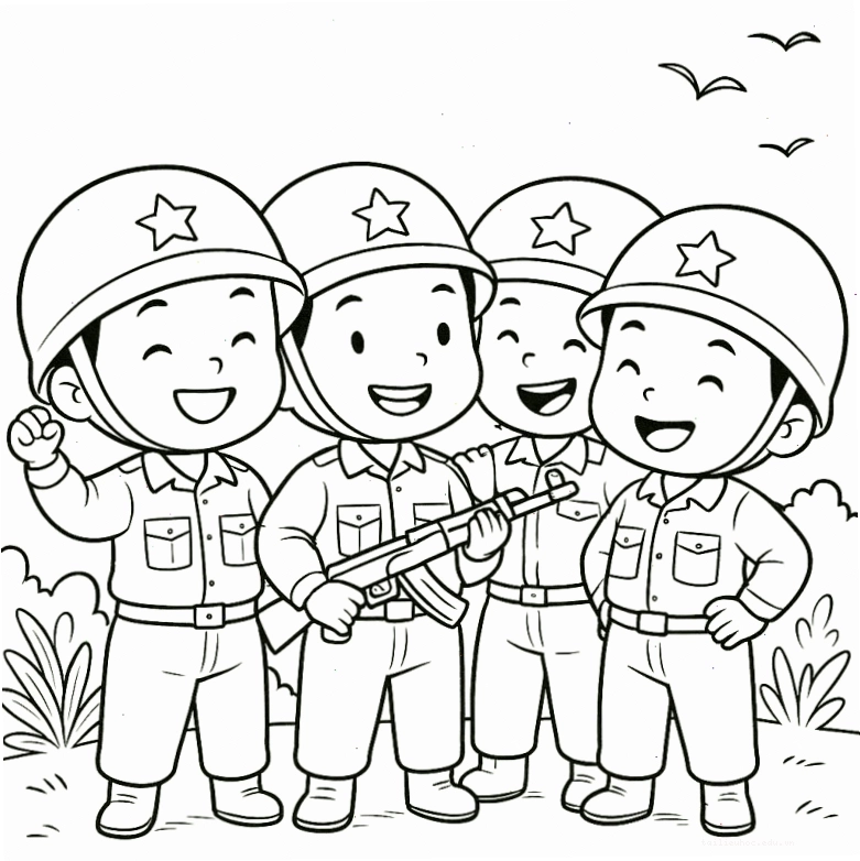 hình vẽ chú bộ đội cho bé tô màu đang hành quân