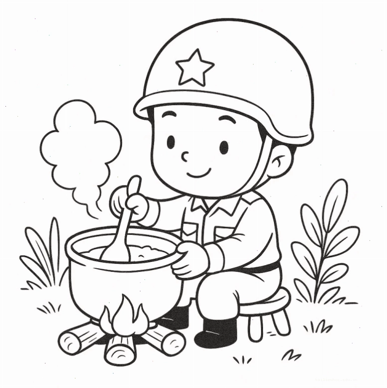hình vẽ chú bộ đội cho bé tô màu với hoa hướng dương