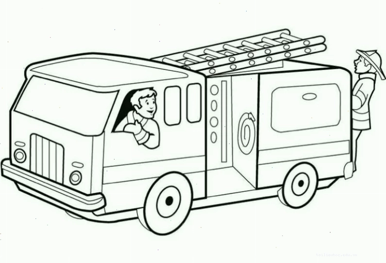 Hình vẽ xe cứu hỏa cho bé tô màu có hình lính cứu hỏa