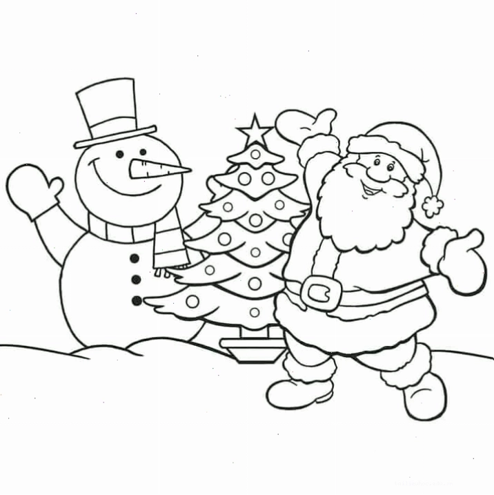 in hình ông già noel cho bé tô màu bên cây thông
