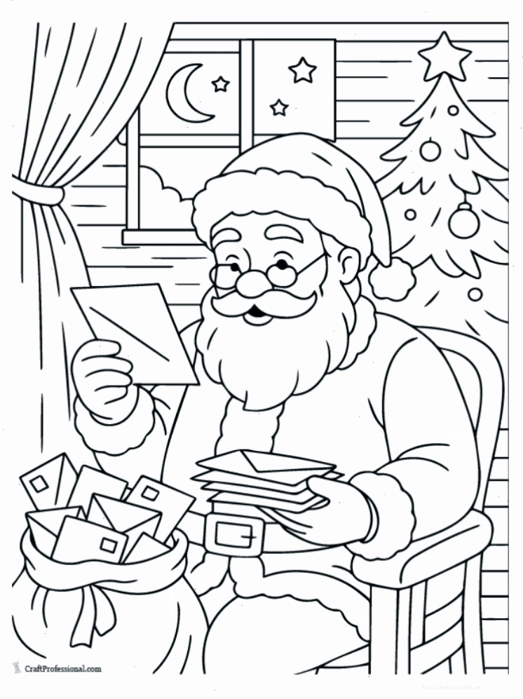 in hình ông già noel cho bé tô màu bên cửa sổ