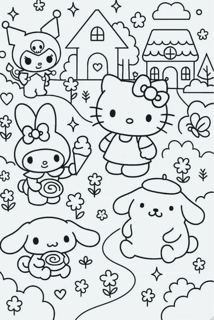 in hình tô màu hello kitty nơ đỏ