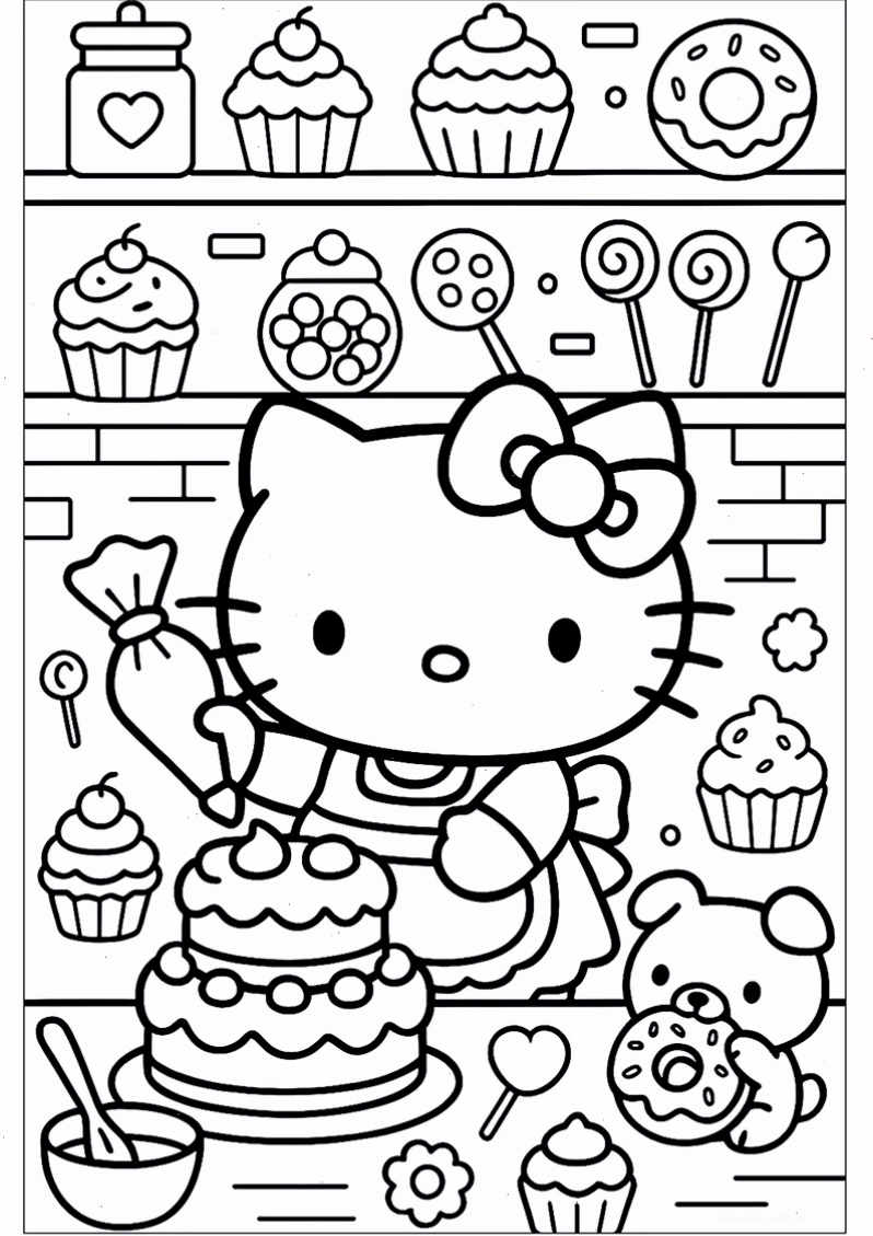 in hình tô màu hello kitty nướng bánh