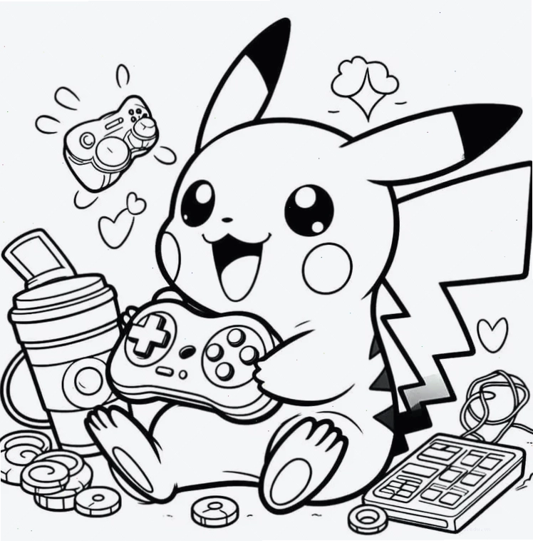 in hình tô màu pikachu cầm hoa