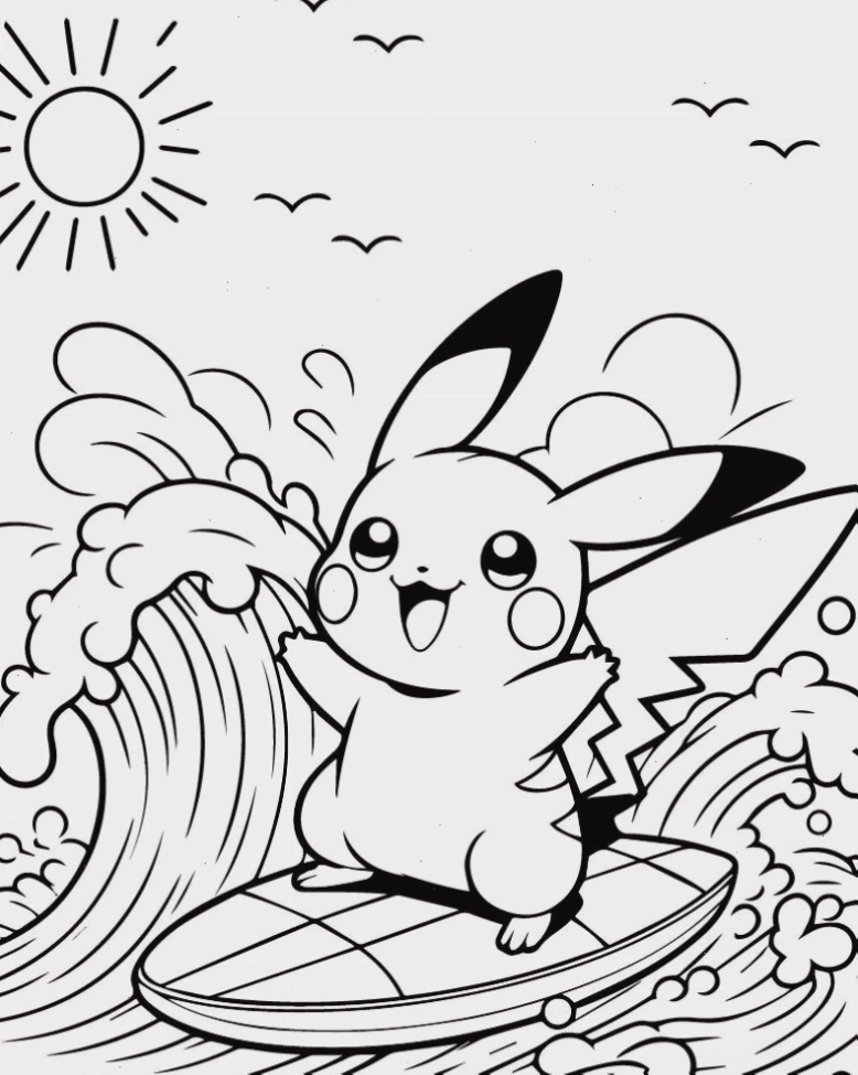 in hình tô màu pikachu đang ăn táo