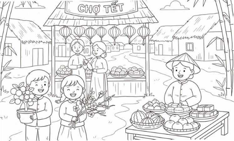 tranh gói bánh chưng in hình tô màu tết cảnh gói bánh chưng