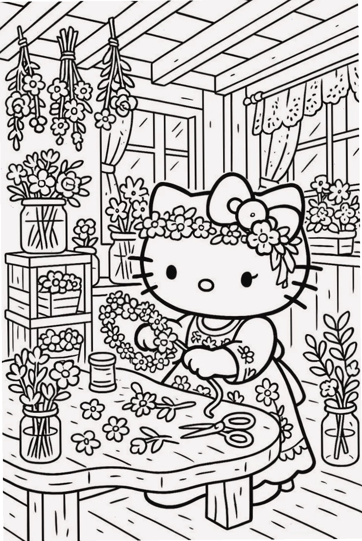 in tranh tô màu hello kitty đi học cùng Mimmy