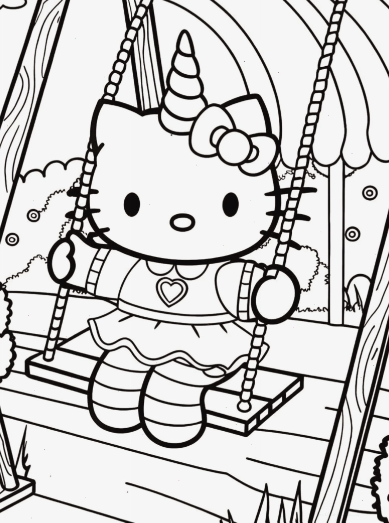 in tranh tô màu hello kitty giữa cầu vồng