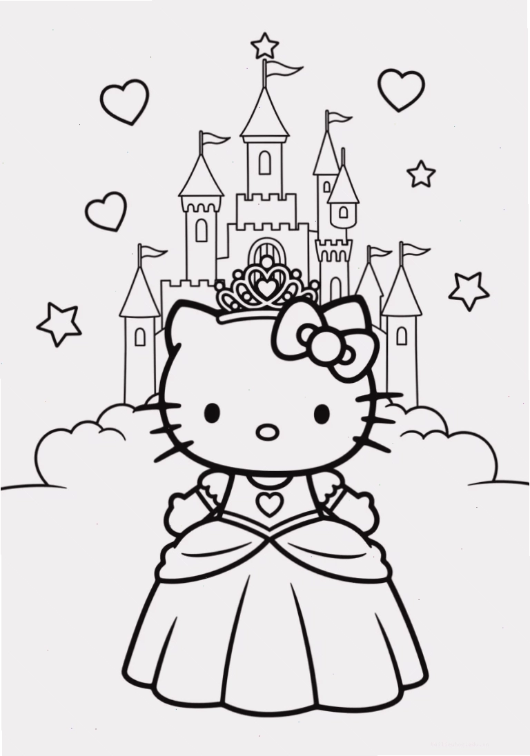 in tranh tô màu hello kitty mặc váy hồng