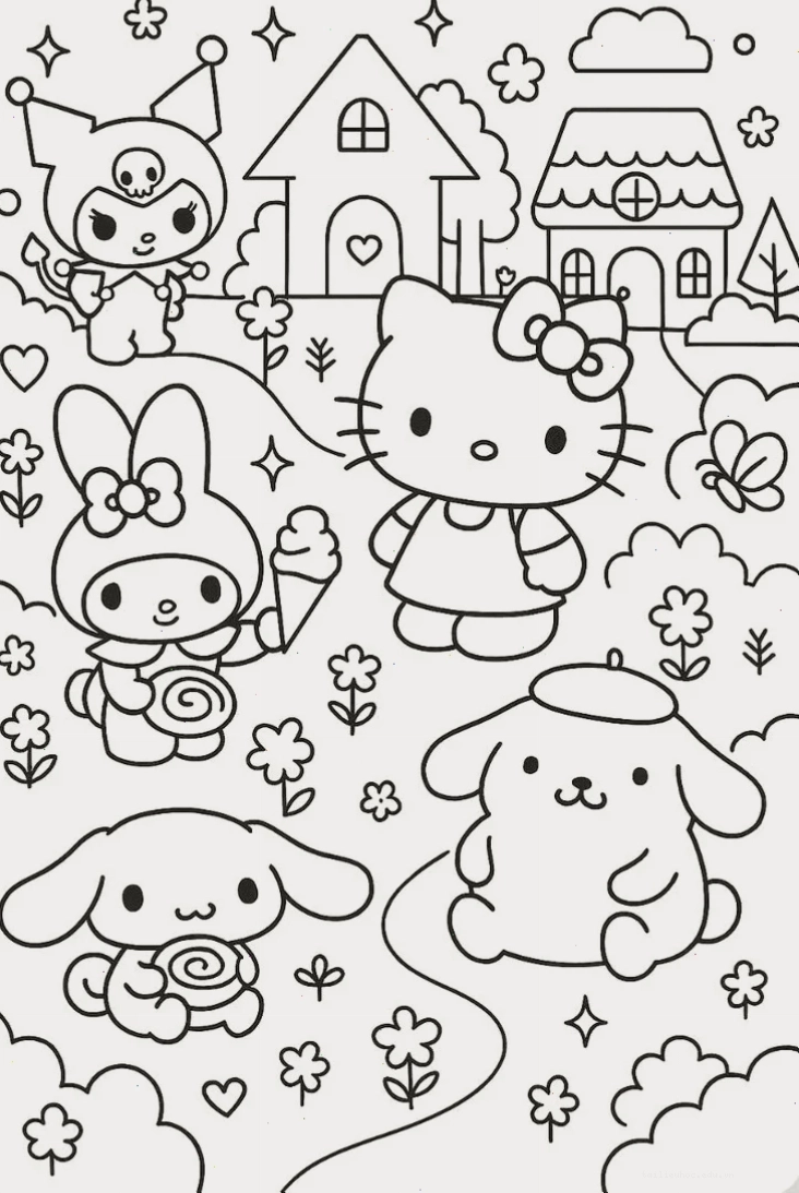 in tranh tô màu hello kitty ngồi trong vườn hoa