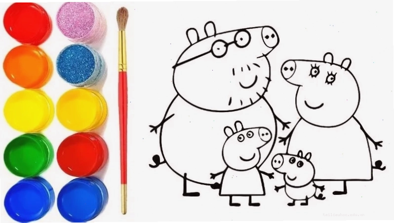 in tranh tô màu heo peppa nhảy bùn