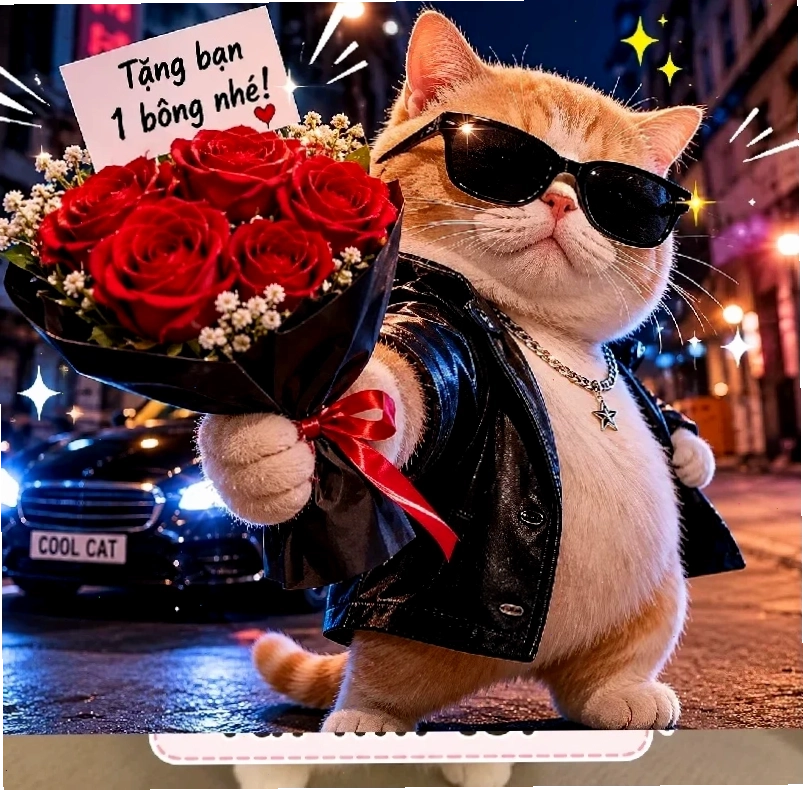 Mèo khúm núm tặng hoa meme mèo tặng hoa