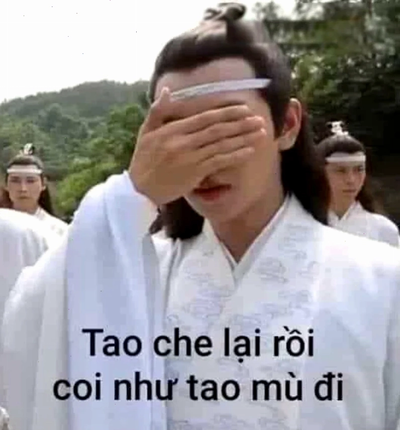 meme mù mắt một nhân vật hoạt hình đang che mắt với caption mù meme