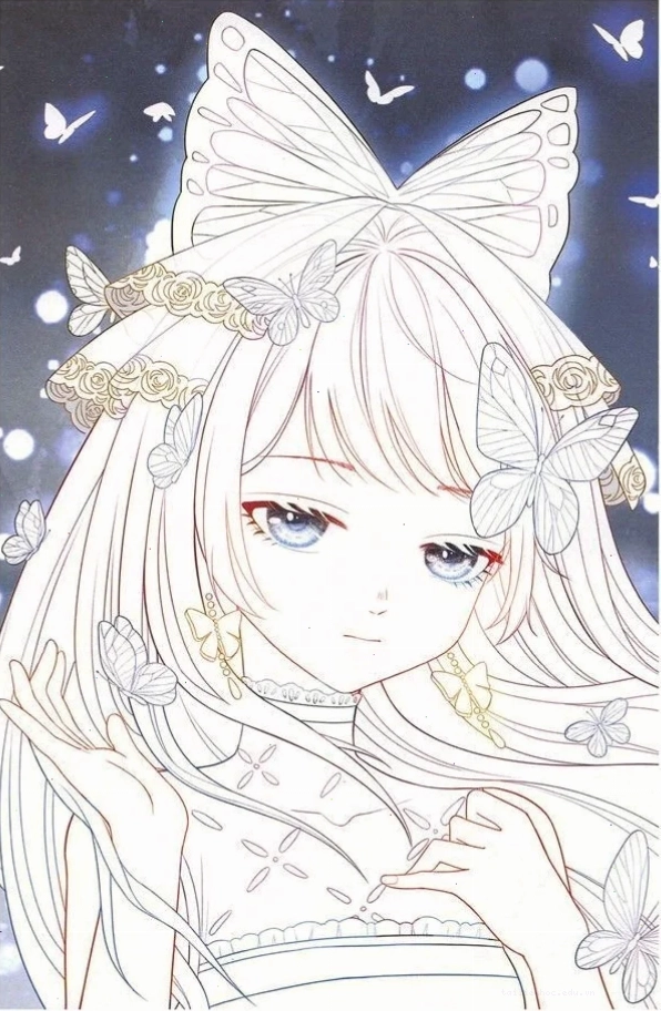 Cô gái anime xinh đẹp Nhân vật anime nữ chưa tô màu với mái tóc dài