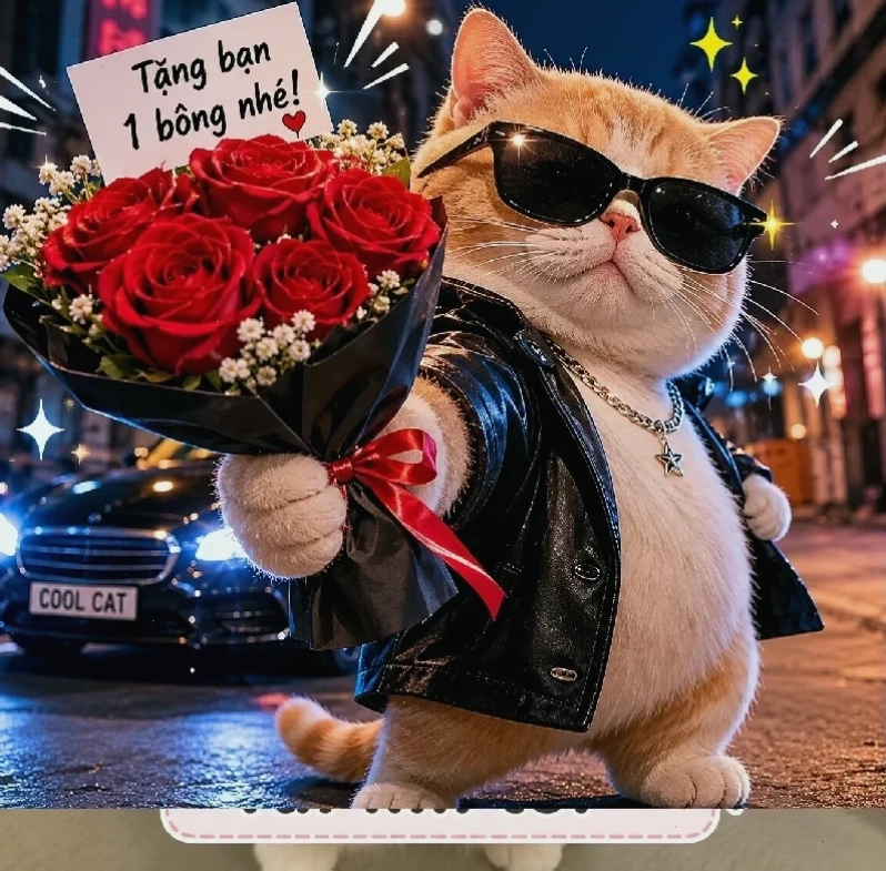 mèo tặng hoa hài tặng em bông hoa meme vui vẻ