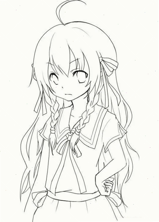 Anime thiên nhiên Tranh anime chưa tô màu ngồi trên cỏ