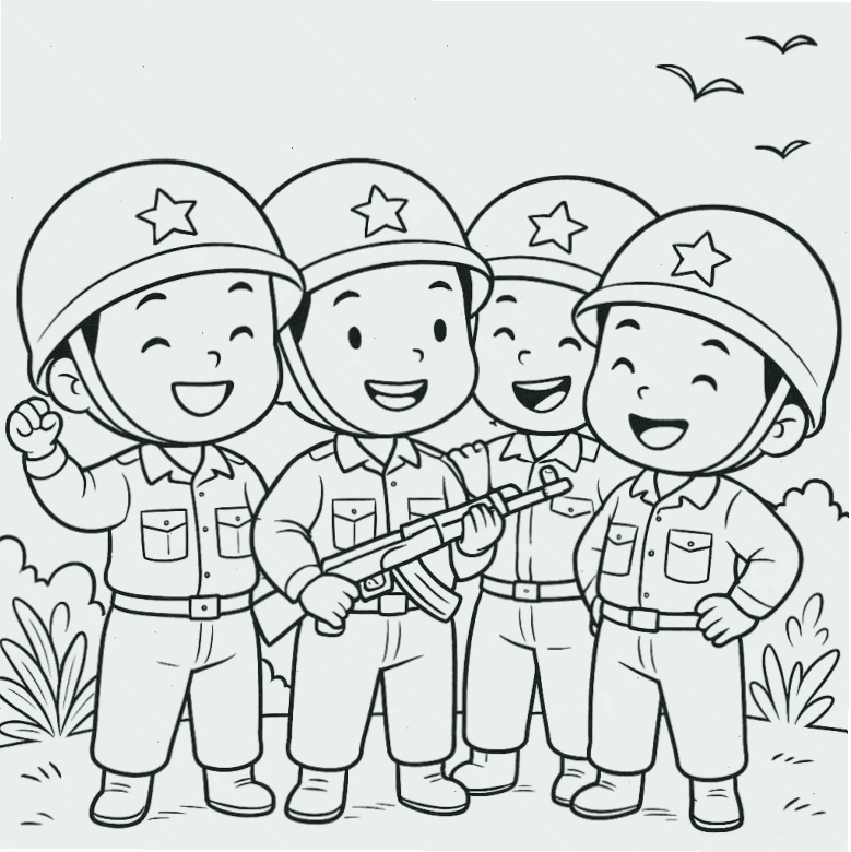 tranh chú bộ đội chưa tô màu các chú bộ đội đang tập luyện