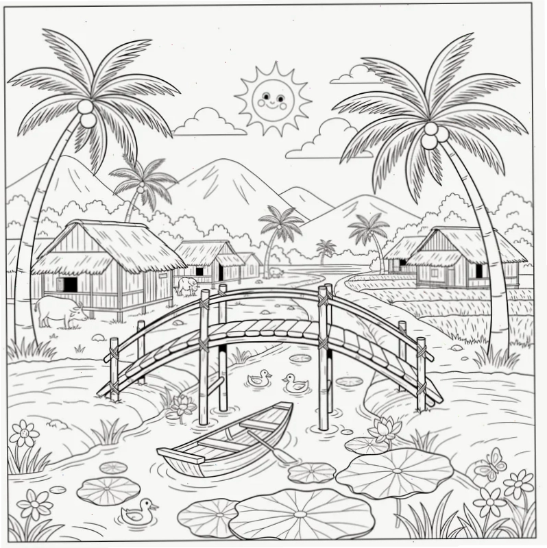 tranh phong cảnh chưa tô màu đình làng