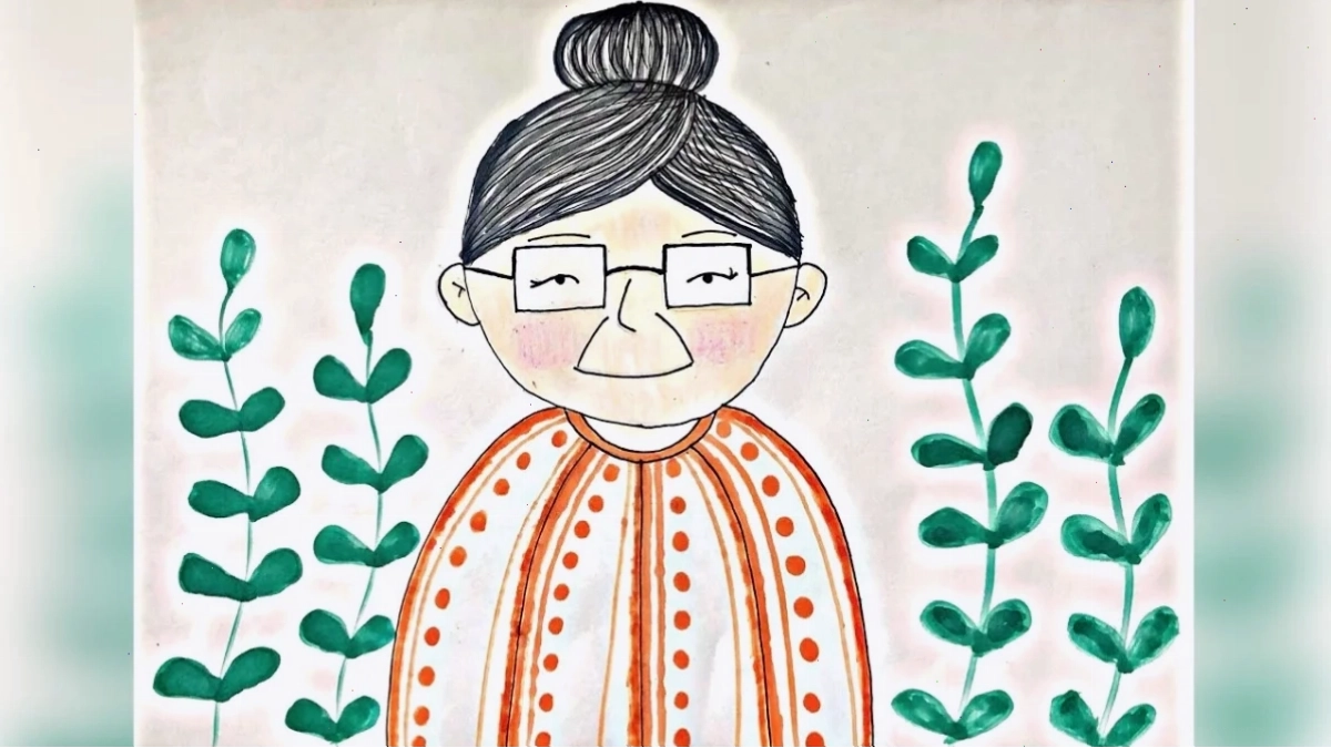 tranh tô màu bà ngoại đeo kính