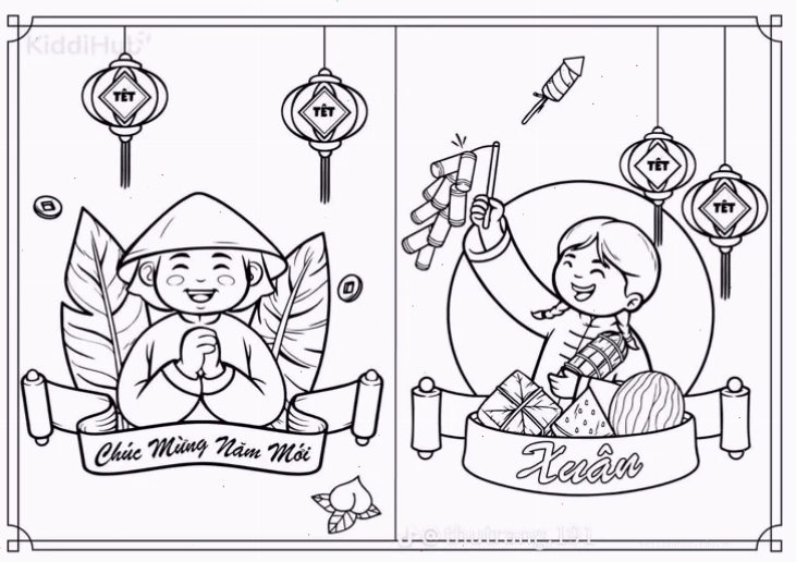 tranh tô màu baby three tết 2025
