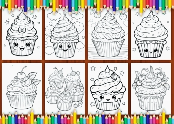 tranh tô màu bánh cupcake kẹo ngọt