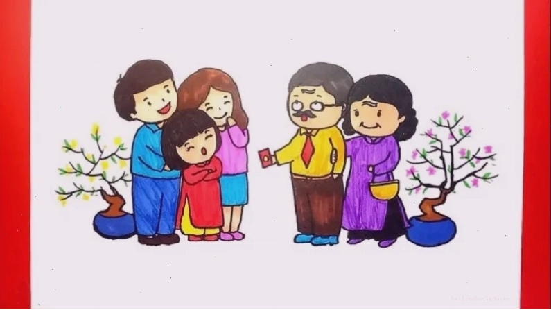 Tranh bé diện áo dài tranh tô màu bé chúc tết ông bà