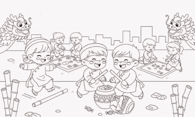 Tranh gia đình đón tết tranh tô màu bé chúc tết ông bà