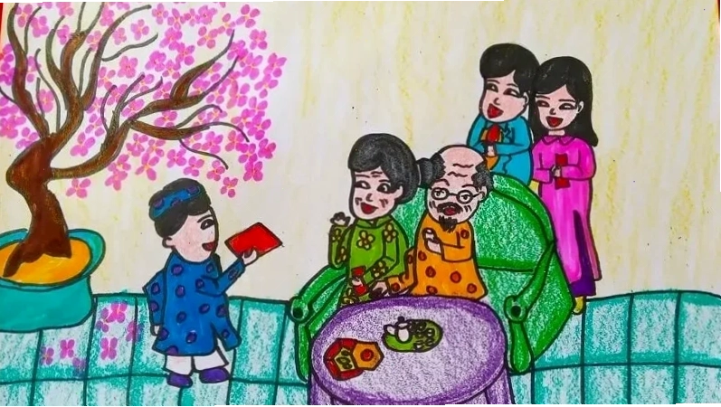 Tranh tết truyền thống tranh tô màu bé chúc tết ông bà