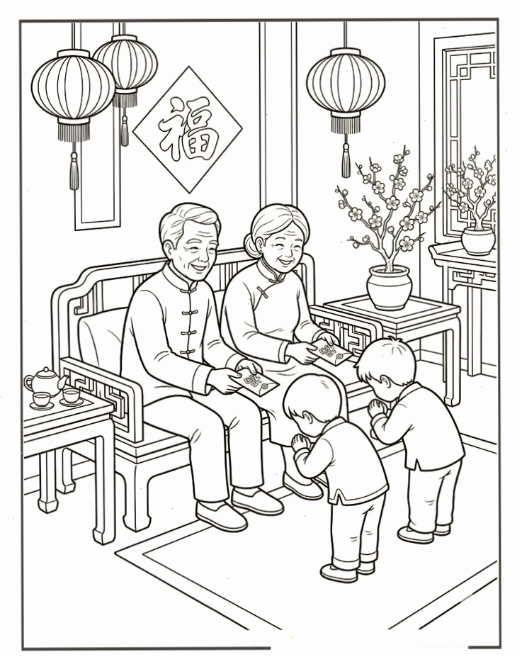 Tranh chúc phúc tranh tô màu bé chúc tết ông bà