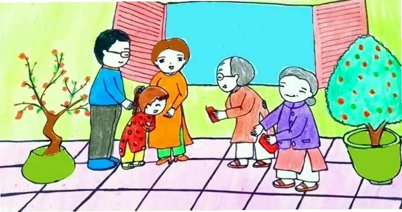 Tranh tết vui xuân tranh tô màu bé chúc tết ông bà