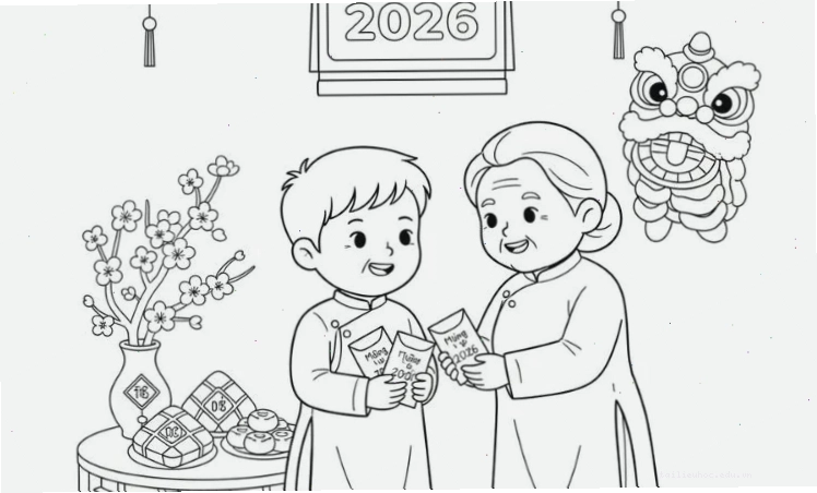Tranh tết vui vẻ tranh tô màu bé chúc tết ông bà