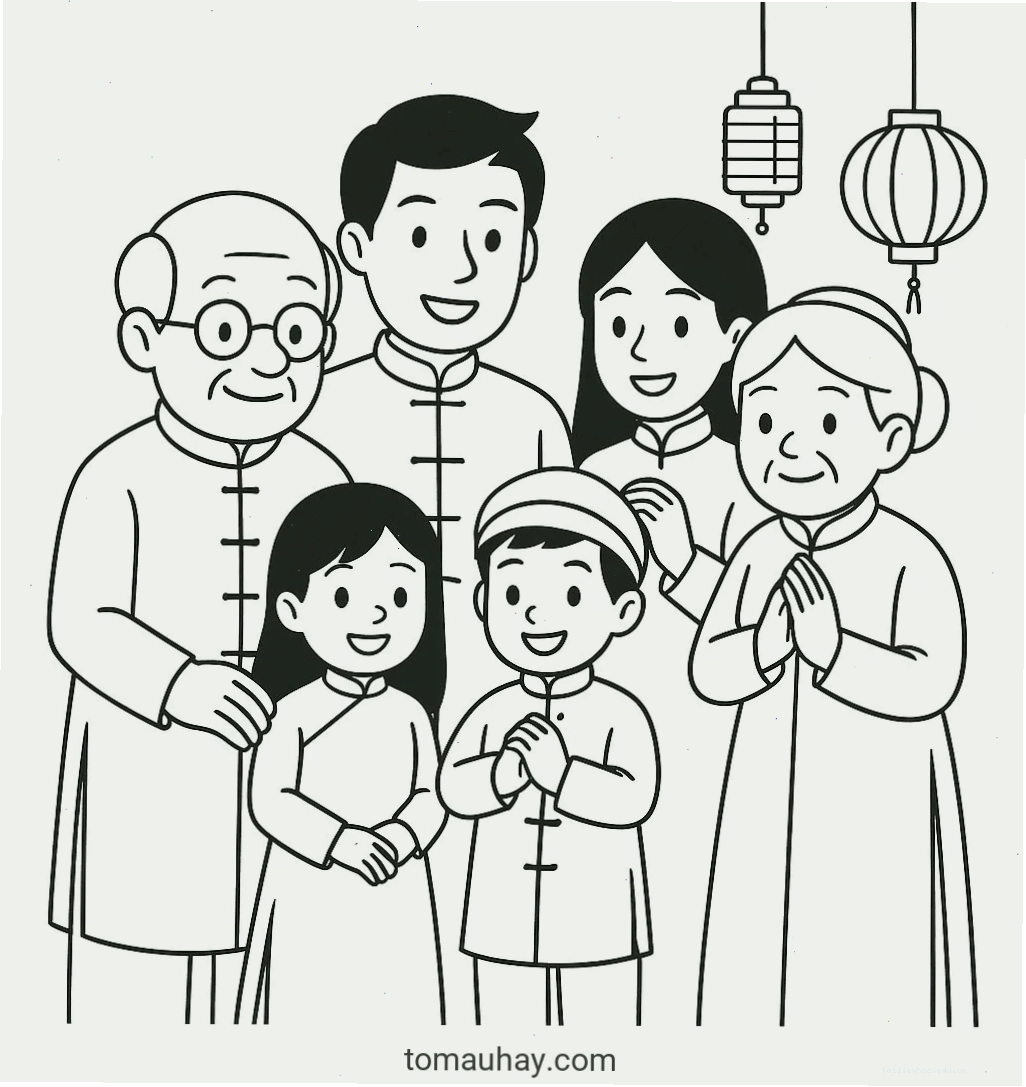 Tranh mâm ngũ quả ngày tết tranh tô màu bé chúc tết ông bà kèm mâm ngũ quả