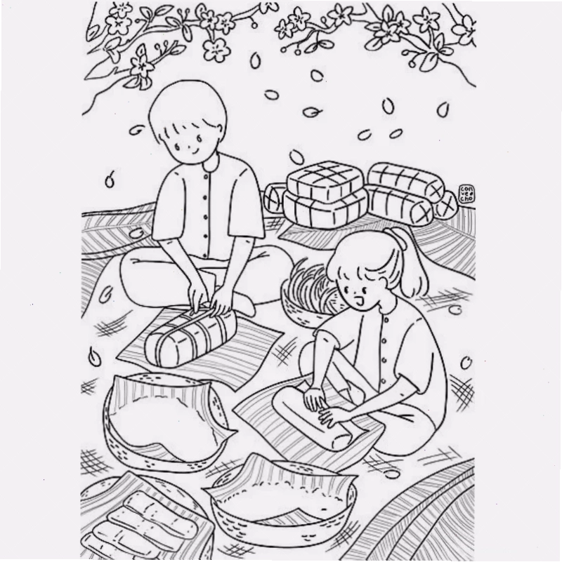 tranh tô màu bé học gói bánh chưng