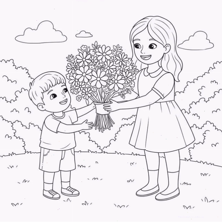 tranh tô màu bé tặng hoa cho mẹ chi tiết