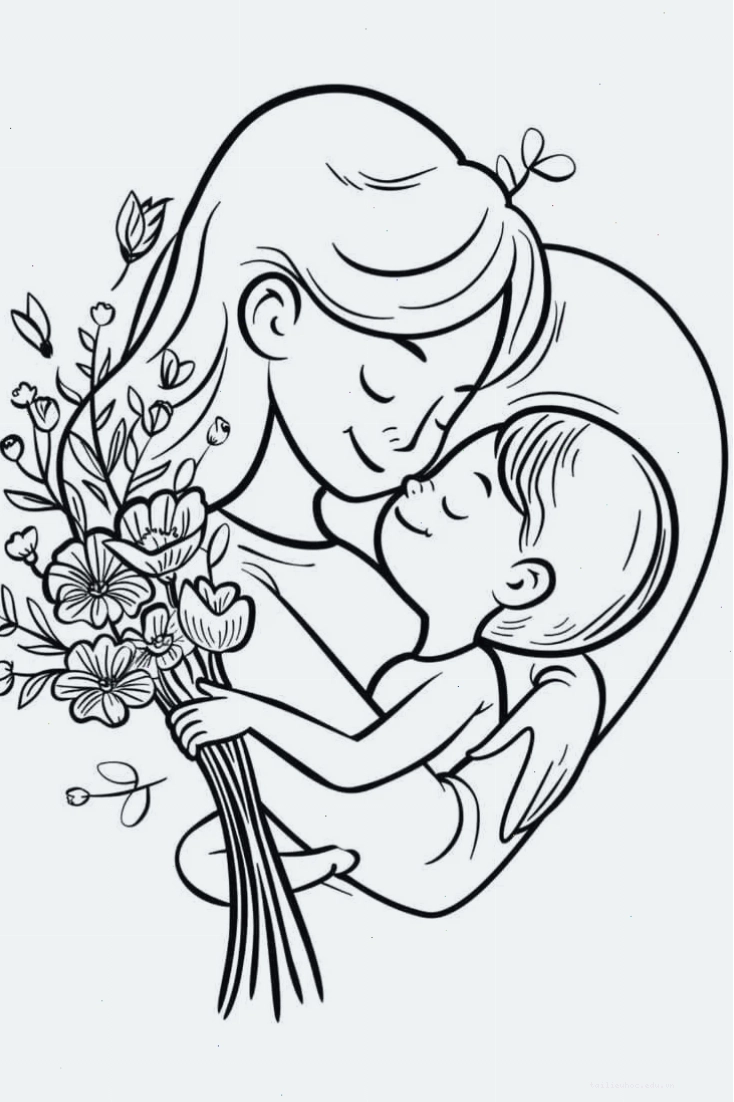 tranh tô màu bé tặng hoa cho mẹ sinh động