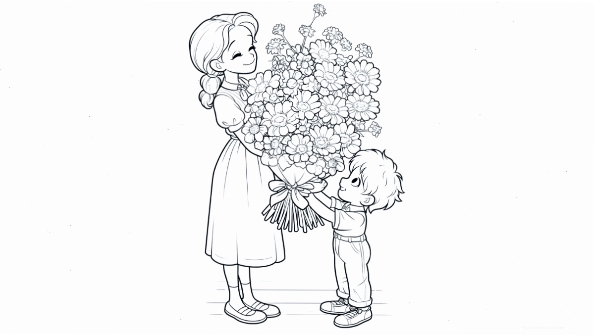 tranh tô màu bé tặng hoa cho mẹ tình cảm