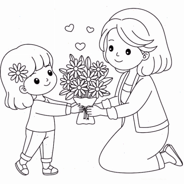 tranh tô màu bé tặng hoa cho mẹ vui vẻ