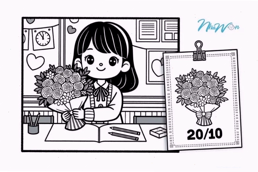 tranh tô màu bé tặng hoa cho mẹ xinh đẹp