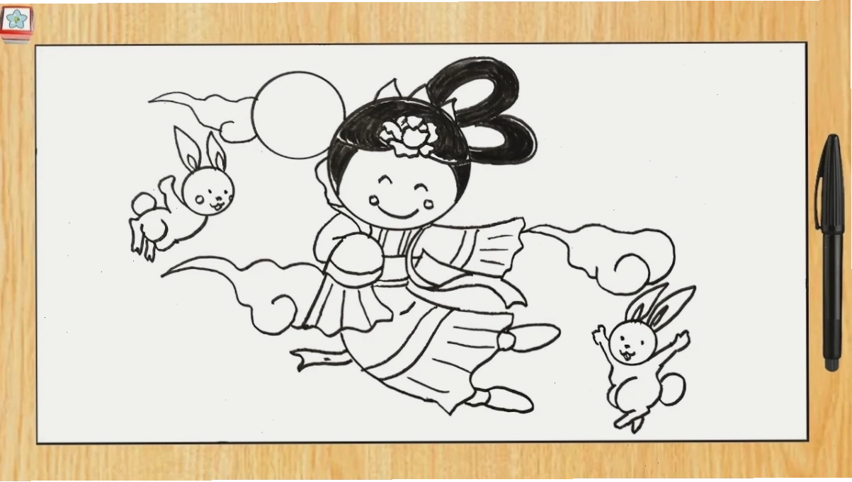 tranh tô màu chị hằng và chú cuội chibi vui nhộn
