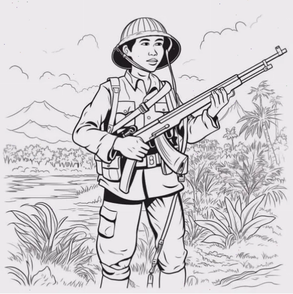 tranh tô màu chú bộ đội canh gác rạng rỡ