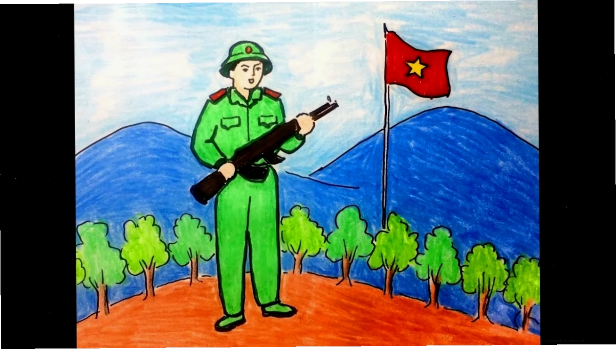 Bộ đội bên hoa tranh tô màu chú bộ đội đứng gác bên vườn hoa