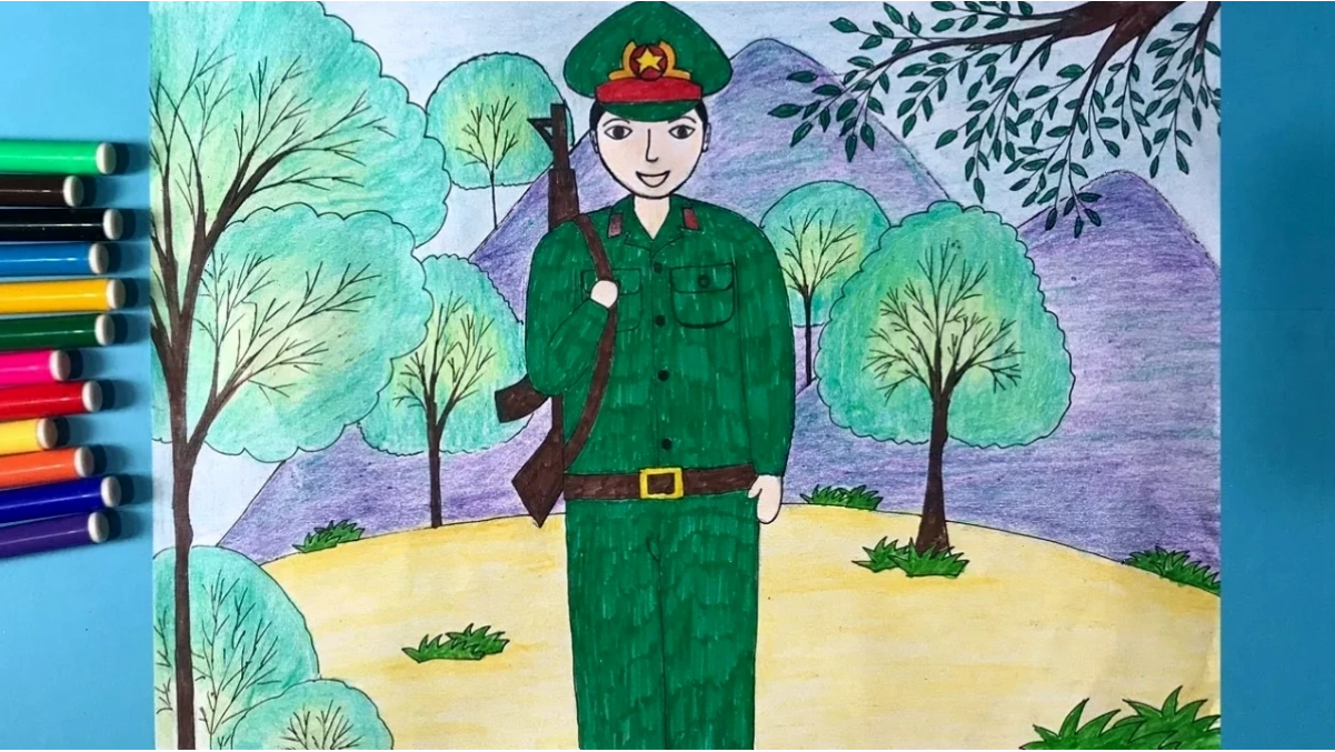 Bộ đội ngày Tết tranh tô màu chú bộ đội đứng gác ngày Tết