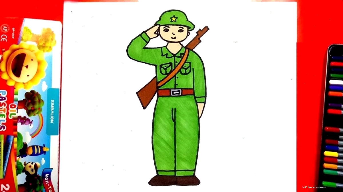 Doanh trại bộ đội tranh tô màu chú bộ đội đứng gác tại doanh trại